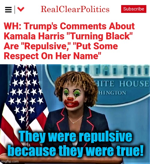 Anything completely true is repulsive to "Team Biden" | They were repulsive because they were true! | image tagged in karin jean-pierre the clown,memes,there's no turning black,democrats,kamala harris,black woman | made w/ Imgflip meme maker