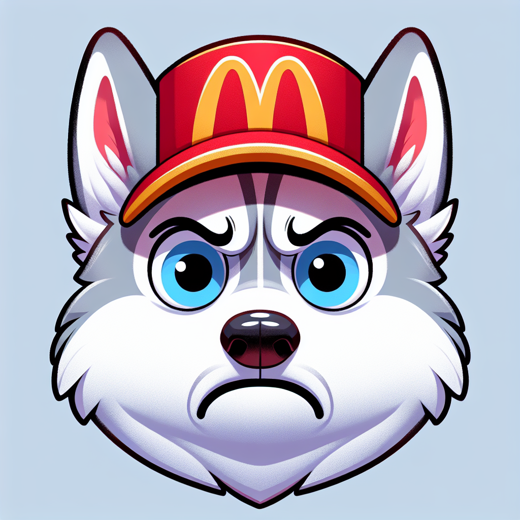 A disgusted husky wearing a McDonald's hat looking at the camrea Blank Meme Template