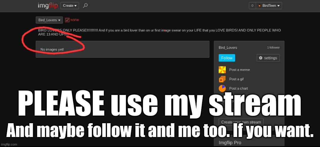 PLEEEEEEEASE | PLEASE use my stream; And maybe follow it and me too. If you want. | made w/ Imgflip meme maker