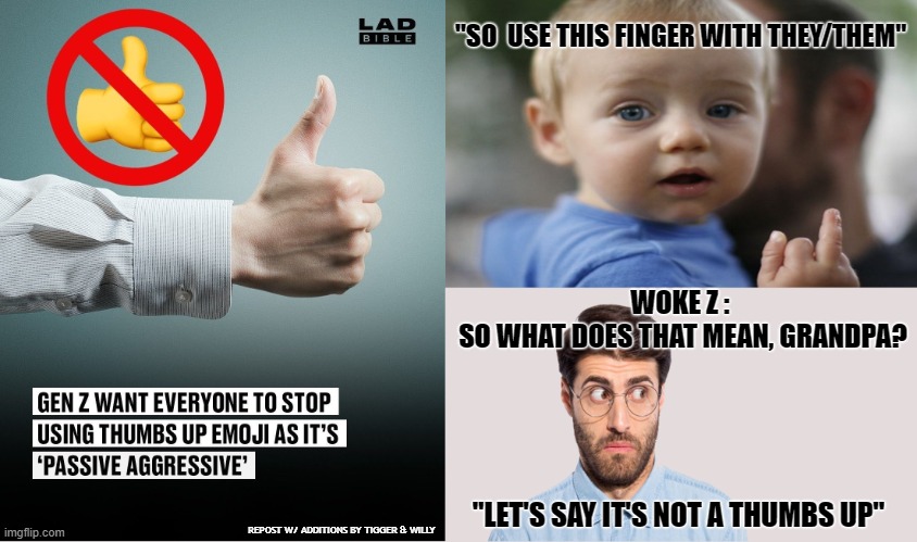 "SO  USE THIS FINGER WITH THEY/THEM"; WOKE Z : 
SO WHAT DOES THAT MEAN, GRANDPA? "LET'S SAY IT'S NOT A THUMBS UP"; REPOST W/ ADDITIONS BY TIGGER & WILLY | made w/ Imgflip meme maker