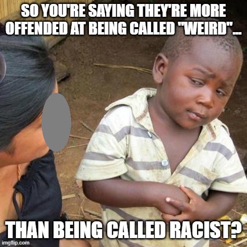 Stop calling us weird! | SO YOU'RE SAYING THEY'RE MORE OFFENDED AT BEING CALLED "WEIRD"... THAN BEING CALLED RACIST? | image tagged in so you say,weird,republicans,racist | made w/ Imgflip meme maker