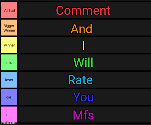 yoshi's tier list | Comment; And; I; Will; Rate; You; Mfs | image tagged in yoshi's tier list | made w/ Imgflip meme maker