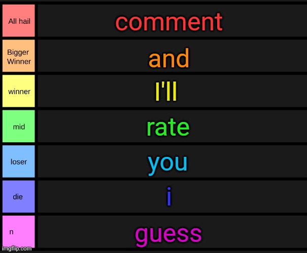 yoshi's tier list | comment; and; I'll; rate; you; i; guess | image tagged in yoshi's tier list | made w/ Imgflip meme maker