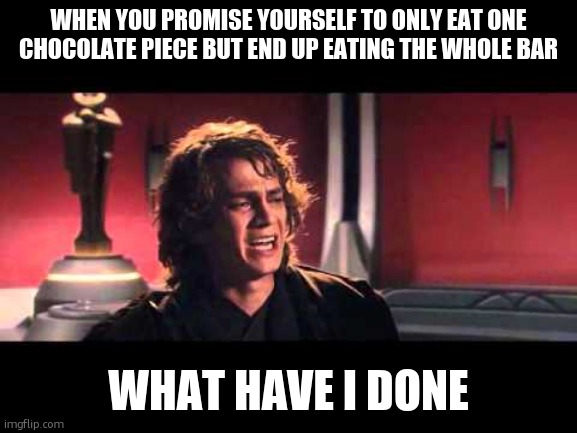 sad | WHEN YOU PROMISE YOURSELF TO ONLY EAT ONE CHOCOLATE PIECE BUT END UP EATING THE WHOLE BAR; WHAT HAVE I DONE | image tagged in anakin what have i done,chocolate,oh no | made w/ Imgflip meme maker