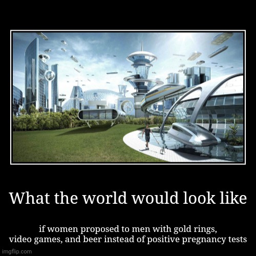 Seriously, You Don't Need To Get Pregnant | What the world would look like | if women proposed to men with gold rings, video games, and beer instead of positive pregnancy tests | image tagged in the future world if,pregnancy test,video games,beer,gold ring | made w/ Imgflip demotivational maker