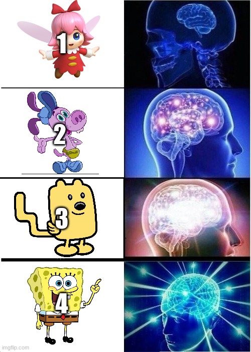 expanding brain | 1; 2; 3; 4 | image tagged in memes,expanding brain,wubbzy,ribbon,bloofy,spongebob | made w/ Imgflip meme maker