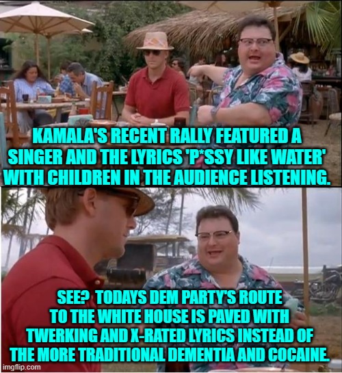 Makes me want to rush out and vote for Kamala . . . NOT. | KAMALA'S RECENT RALLY FEATURED A SINGER AND THE LYRICS 'P*SSY LIKE WATER' WITH CHILDREN IN THE AUDIENCE LISTENING. SEE?  TODAYS DEM PARTY'S ROUTE TO THE WHITE HOUSE IS PAVED WITH TWERKING AND X-RATED LYRICS INSTEAD OF THE MORE TRADITIONAL DEMENTIA AND COCAINE. | image tagged in see nobody cares | made w/ Imgflip meme maker