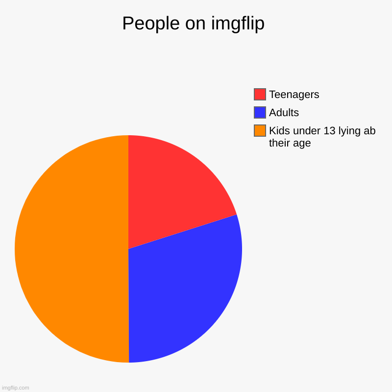 People on imgflip | Kids under 13 lying ab their age, Adults, Teenagers | image tagged in charts,pie charts | made w/ Imgflip chart maker