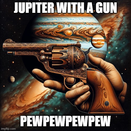 JUPITER WITH A GUN BOI | JUPITER WITH A GUN; PEWPEWPEWPEW | image tagged in jupiter | made w/ Imgflip meme maker