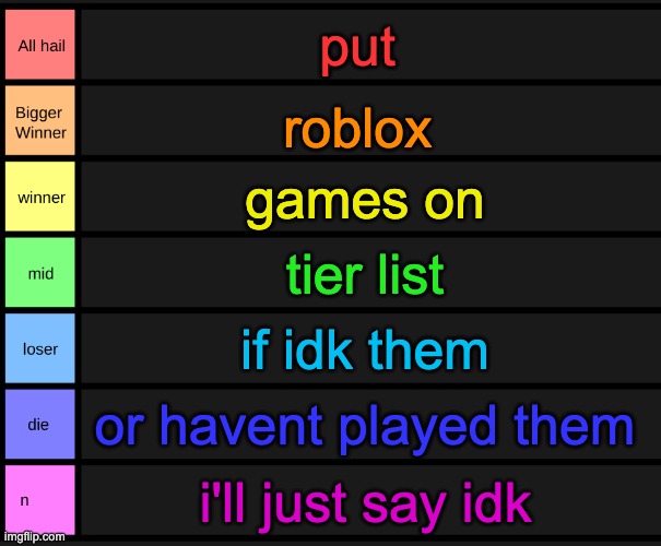 yoshi's tier list | put; roblox; games on; tier list; if idk them; or havent played them; i'll just say idk | image tagged in yoshi's tier list | made w/ Imgflip meme maker