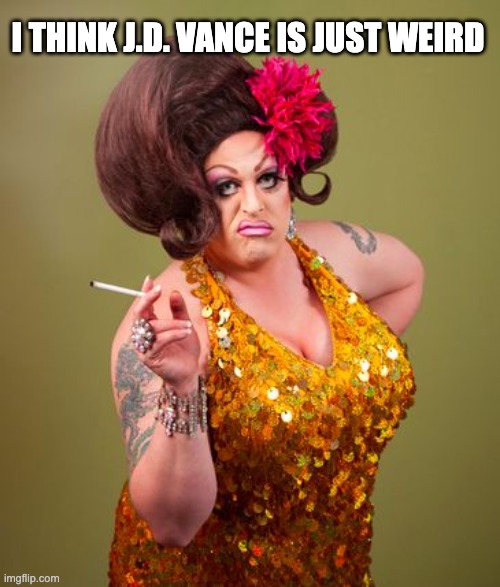 So, you're telling me that straight, married, conservative, two child family, is weird? | I THINK J.D. VANCE IS JUST WEIRD | image tagged in drag queeny | made w/ Imgflip meme maker