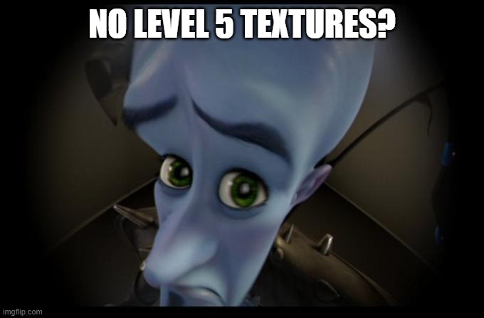 No _____ | NO LEVEL 5 TEXTURES? | image tagged in no _____ | made w/ Imgflip meme maker