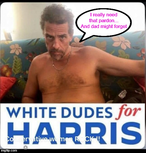 Hedging his bets...  Poor Hunter sweating bullets... | I really need that pardon... And dad might forget | image tagged in white dudes,for scamala | made w/ Imgflip meme maker