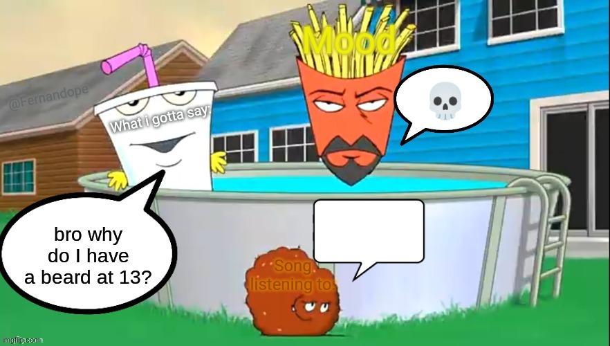 Fernandope's speech/announcement template but its the aqua teens | 💀; bro why do I have a beard at 13? | image tagged in fernandope's speech/announcement template but its the aqua teens | made w/ Imgflip meme maker