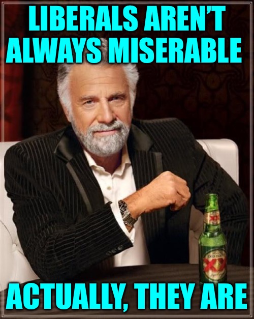 The Most Interesting Man In The World Meme | LIBERALS AREN’T ALWAYS MISERABLE ACTUALLY, THEY ARE | image tagged in memes,the most interesting man in the world | made w/ Imgflip meme maker