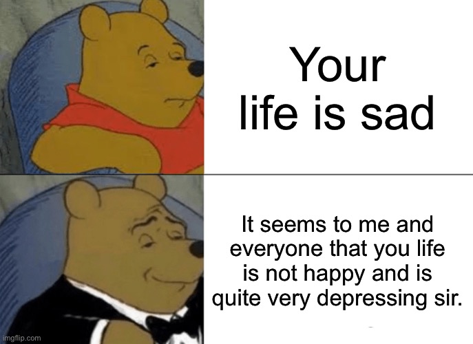 Memes for daily yappin | Your life is sad; It seems to me and everyone that you life is not happy and is quite very depressing sir. | image tagged in memes,tuxedo winnie the pooh | made w/ Imgflip meme maker
