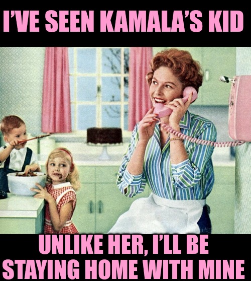 1950s housewife | I’VE SEEN KAMALA’S KID UNLIKE HER, I’LL BE STAYING HOME WITH MINE | image tagged in 1950s housewife | made w/ Imgflip meme maker