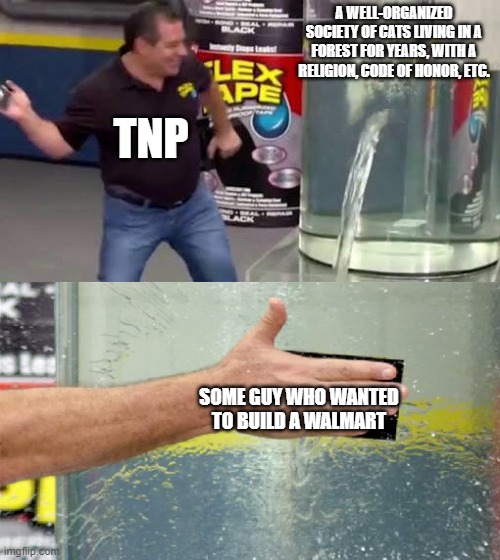 bleh | A WELL-ORGANIZED SOCIETY OF CATS LIVING IN A FOREST FOR YEARS, WITH A RELIGION, CODE OF HONOR, ETC. TNP; SOME GUY WHO WANTED TO BUILD A WALMART | image tagged in flex tape | made w/ Imgflip meme maker