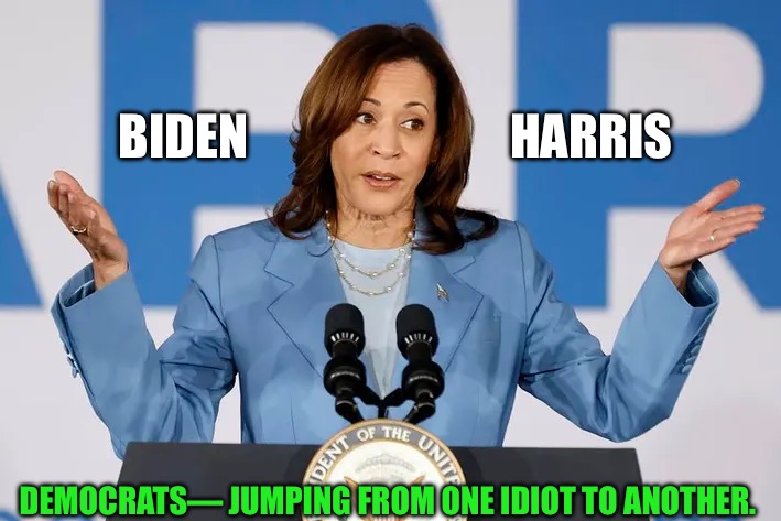 IDIOT JUMPING | BIDEN                           HARRIS; DEMOCRATS— JUMPING FROM ONE IDIOT TO ANOTHER. | image tagged in democrats,kamala harris,idiots,government corruption,stupid people | made w/ Imgflip meme maker