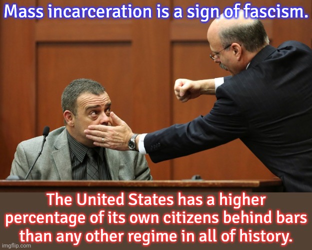 It's not just cops, prosecutors are guilty as well. | Mass incarceration is a sign of fascism. The United States has a higher percentage of its own citizens behind bars than any other regime in all of history. | image tagged in angry prosecutor,injustice | made w/ Imgflip meme maker