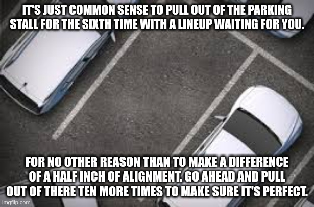 IT'S JUST COMMON SENSE TO PULL OUT OF THE PARKING STALL FOR THE SIXTH TIME WITH A LINEUP WAITING FOR YOU. FOR NO OTHER REASON THAN TO MAKE A DIFFERENCE OF A HALF INCH OF ALIGNMENT. GO AHEAD AND PULL OUT OF THERE TEN MORE TIMES TO MAKE SURE IT'S PERFECT. | image tagged in parking | made w/ Imgflip meme maker