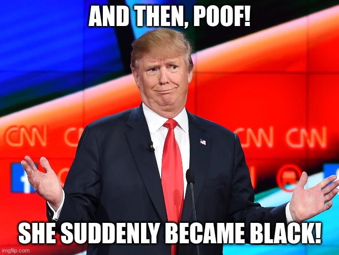 This interview needs to be broadcast nationally, non-stop, until November. | AND THEN, POOF! SHE SUDDENLY BECAME BLACK! | image tagged in confused,donald trump,donald trump the clown | made w/ Imgflip meme maker