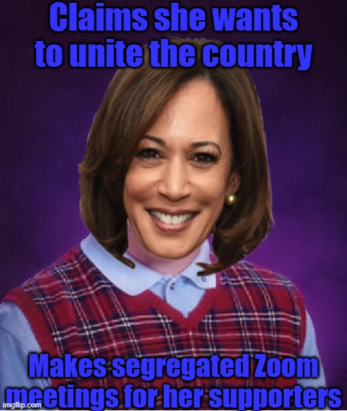 Division is all that Cacklin' Kamala is good at | Claims she wants to unite the country; Makes segregated Zoom meetings for her supporters | image tagged in memes,bad luck brian,kamala harris,segregation,zoom,division | made w/ Imgflip meme maker