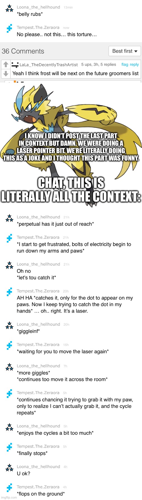 Like, on god this is all a joke. | I KNOW I DIDN’T POST THE LAST PART IN CONTEXT BUT DAMN. WE WERE DOING A LASER POINTER BIT. WE’RE LITERALLY DOING THIS AS A JOKE AND I THOUGHT THIS PART WAS FUNNY. CHAT, THIS IS LITERALLY ALL THE CONTEXT: | image tagged in zeraora | made w/ Imgflip meme maker