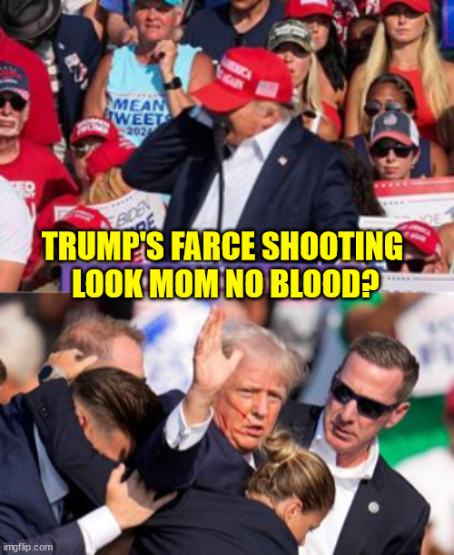 KETCHUPGATE | TRUMP'S FARCE SHOOTING 
LOOK MOM NO BLOOD? | image tagged in fake blood,ketchup,pastsy crooks,murder farce,martyr,maga murder | made w/ Imgflip meme maker