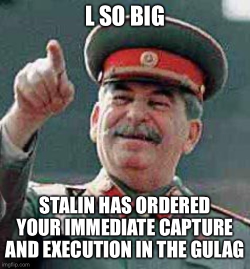 Stalin says | L SO BIG; STALIN HAS ORDERED YOUR IMMEDIATE CAPTURE AND EXECUTION IN THE GULAG | image tagged in stalin says | made w/ Imgflip meme maker