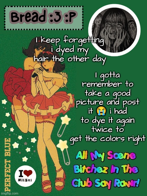 Now my system of a down shirt has green stains | I gotta remember to take a good picture and post it 😭 i had to dye it again twice to get the colors right; I keep forgetting i dyed my hair the other day | image tagged in new bread 2024 temp 33 | made w/ Imgflip meme maker