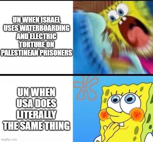 spongebob yelling | UN WHEN ISRAEL USES WATERBOARDING AND ELECTRIC TORTURE ON PALESTINEAN PRISONERS; UN WHEN USA DOES LITERALLY THE SAME THING | image tagged in spongebob yelling,memes,politics,israel | made w/ Imgflip meme maker