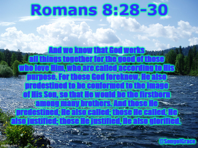 Romans 8:28-30 | Romans 8:28-30; And we know that God works all things together for the good of those who love Him, who are called according to His purpose. For those God foreknew, He also predestined to be conformed to the image of His Son, so that He would be the firstborn among many brothers. And those He predestined, He also called; those He called, He also justified; those He justified, He also glorified. @SongofGrace | image tagged in river | made w/ Imgflip meme maker