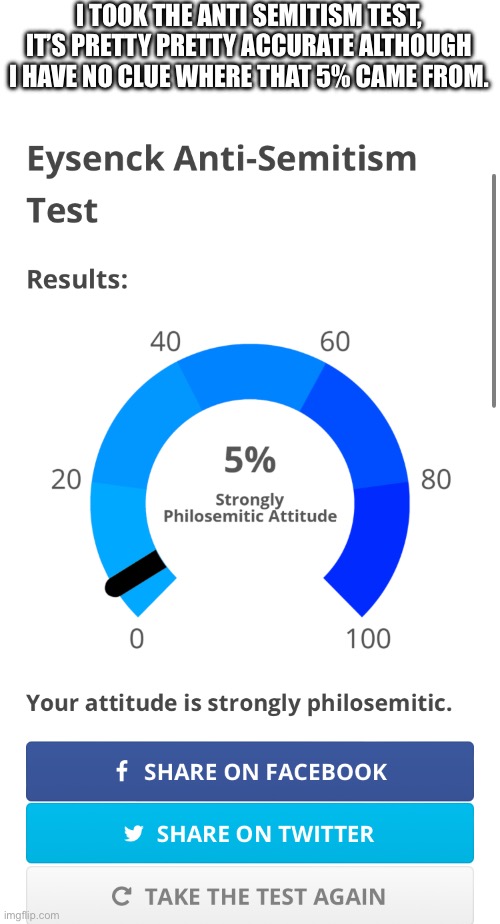 Took the antisemitism test | I TOOK THE ANTI SEMITISM TEST, IT’S PRETTY PRETTY ACCURATE ALTHOUGH I HAVE NO CLUE WHERE THAT 5% CAME FROM. | image tagged in blank white template,antisemitism | made w/ Imgflip meme maker