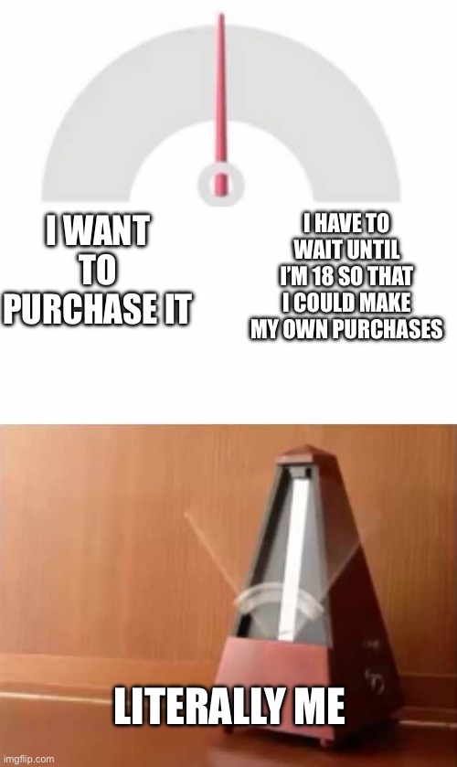 Metronome | I HAVE TO WAIT UNTIL I’M 18 SO THAT I COULD MAKE MY OWN PURCHASES; I WANT TO PURCHASE IT; LITERALLY ME | image tagged in metronome | made w/ Imgflip meme maker