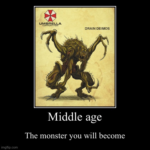 Middle age | The monster you will become | image tagged in funny,demotivationals | made w/ Imgflip demotivational maker