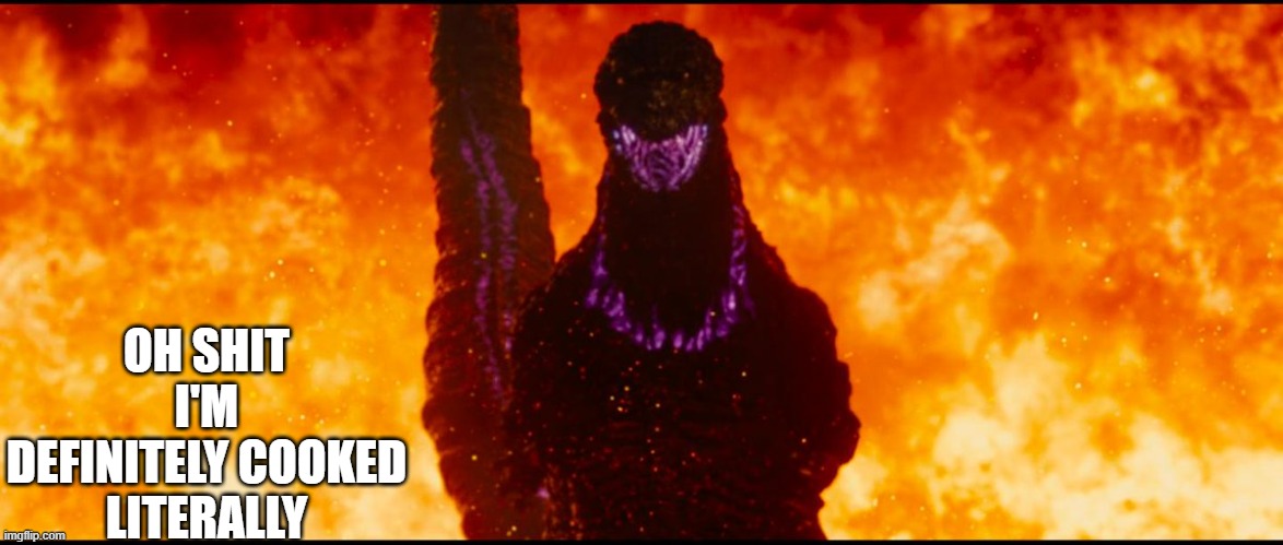 Shin Godzilla Destruction | OH SHIT I'M DEFINITELY COOKED
LITERALLY | image tagged in shin godzilla destruction | made w/ Imgflip meme maker