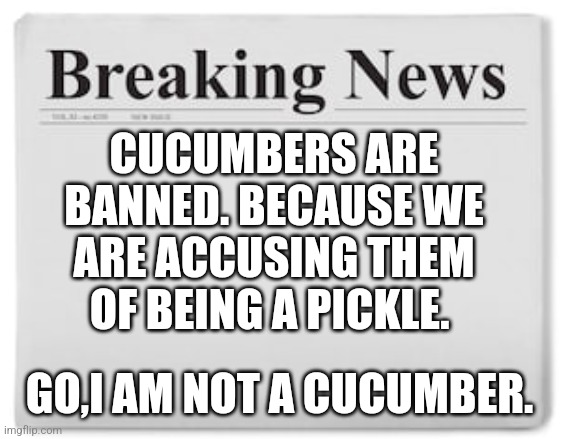 Unfunny-Funny | CUCUMBERS ARE BANNED. BECAUSE WE ARE ACCUSING THEM OF BEING A PICKLE. GO,I AM NOT A CUCUMBER. | image tagged in breaking news,cucumber,pickle,banned | made w/ Imgflip meme maker