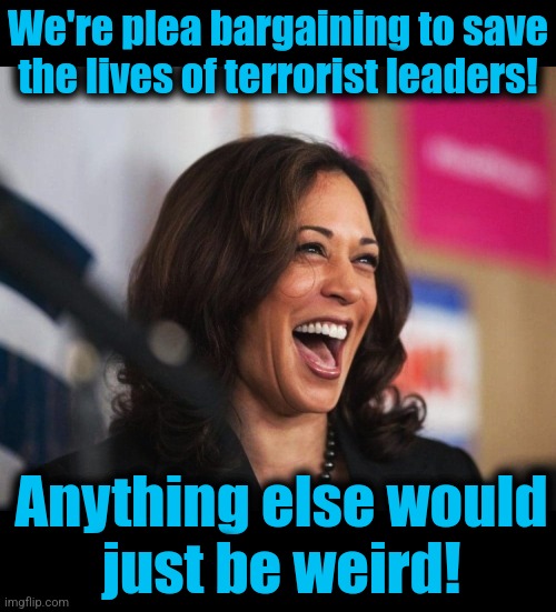 Mindless appeasement of terrorists | We're plea bargaining to save
the lives of terrorist leaders! Anything else would
just be weird! | image tagged in cackling kamala harris,democrats,terrorists,plea bargain,weird,joe biden | made w/ Imgflip meme maker