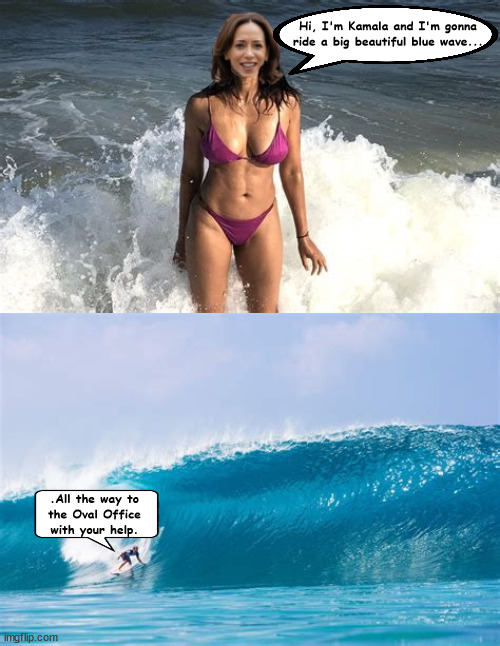 Pipeline to the Oval Office | Hi, I'm Kamala and I'm gonna ride a big beautiful blue wave... .All the way to
 the Oval Office 
with your help. | image tagged in ride the wave,wash the red tide out,a rising tide floats all boats,a woman's work is a black job,maga massacre,blue tsunami | made w/ Imgflip meme maker