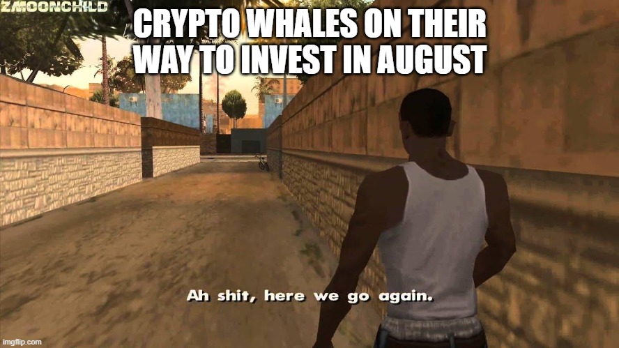 Here we go again | CRYPTO WHALES ON THEIR WAY TO INVEST IN AUGUST | image tagged in here we go again | made w/ Imgflip meme maker