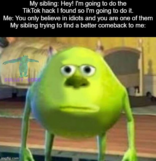 The tiktok hack was just putting spoon on milk to see it dissolves and melts and everyone still knows that shit. | My sibling: Hey! I'm going to do the TikTok hack I found so I'm going to do it.
Me: You only believe in idiots and you are one of them
My sibling trying to find a better comeback to me: | image tagged in monsters inc,memes | made w/ Imgflip meme maker