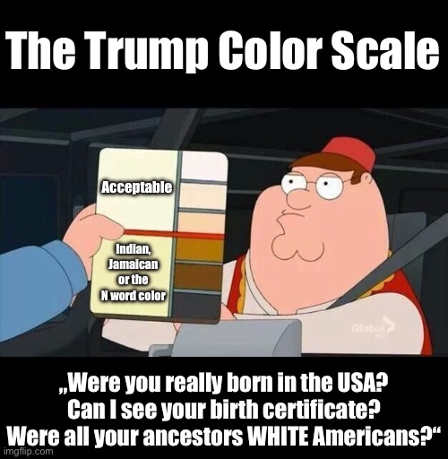 Trump Color Scale | The Trump Color Scale; Acceptable; Indian, Jamaican or the N word color; „Were you really born in the USA? Can I see your birth certificate? Were all your ancestors WHITE Americans?“ | image tagged in peter griffin skin color chart race terrorist blank,trump,kamala harris,racism | made w/ Imgflip meme maker