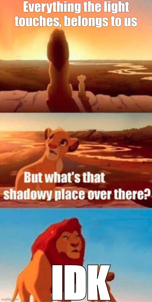 Simba Shadowy Place | Everything the light touches, belongs to us; IDK | image tagged in memes,simba shadowy place | made w/ Imgflip meme maker