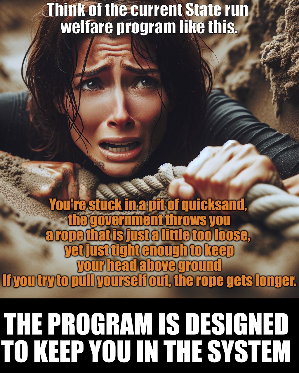 Think of the current State run 
welfare program like this. You're stuck in a pit of quicksand, 
the government throws you a rope that is just a little too loose, 
yet just tight enough to keep your head above ground
If you try to pull yourself out, the rope gets longer. THE PROGRAM IS DESIGNED TO KEEP YOU IN THE SYSTEM | made w/ Imgflip meme maker