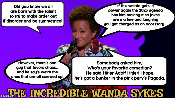 The Incredible Wanda Sykes 2 | If this weirdo gets in power again the 2025 agenda has him making it so jokes are a crime and laughing you get charged as an accessory. Did you know we all are born with the talent to try to make order out if disorder and be symmetrical; Somebody asked him, Who's your favorite comedian? He said Hitler Adolf Hitler! I hope
he's got a bunker in the pink perv's Pagoda. However, there's one guy that favors chaos...
And he say's We're the ones that are all screwed up! THE INCREDIBLE WANDA SYKES | image tagged in the incredible wanda sykes,no laughing matter,criminal comedians,maga mushrooms,hitler's funny,the 4th reich | made w/ Imgflip meme maker