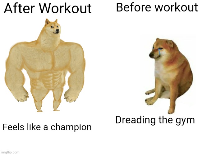 Buff Doge vs. Cheems | After Workout; Before workout; Dreading the gym; Feels like a champion | image tagged in memes,buff doge vs cheems | made w/ Imgflip meme maker