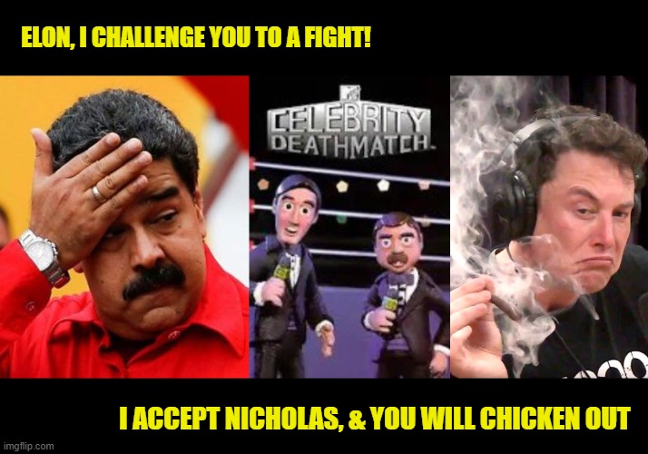 Let's Get Ready to Chicken Out | ELON, I CHALLENGE YOU TO A FIGHT! I ACCEPT NICHOLAS, & YOU WILL CHICKEN OUT | image tagged in disney chavez maduro kirchner,elon musk weed | made w/ Imgflip meme maker