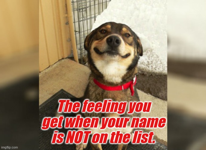 Proud Dog | The feeling you get when your name is NOT on the list. | image tagged in proud dog | made w/ Imgflip meme maker