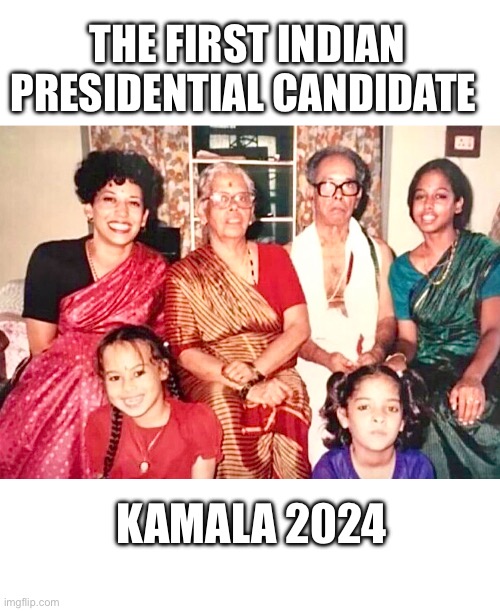 Definitely Indian, NOT black at all… | THE FIRST INDIAN PRESIDENTIAL CANDIDATE; KAMALA 2024 | image tagged in indian kamala,india | made w/ Imgflip meme maker